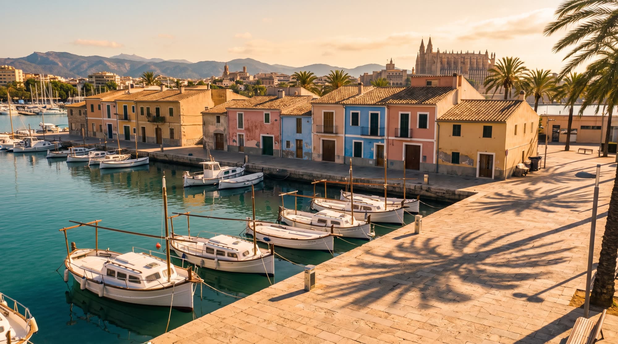 The Portixol harbour front in morning light