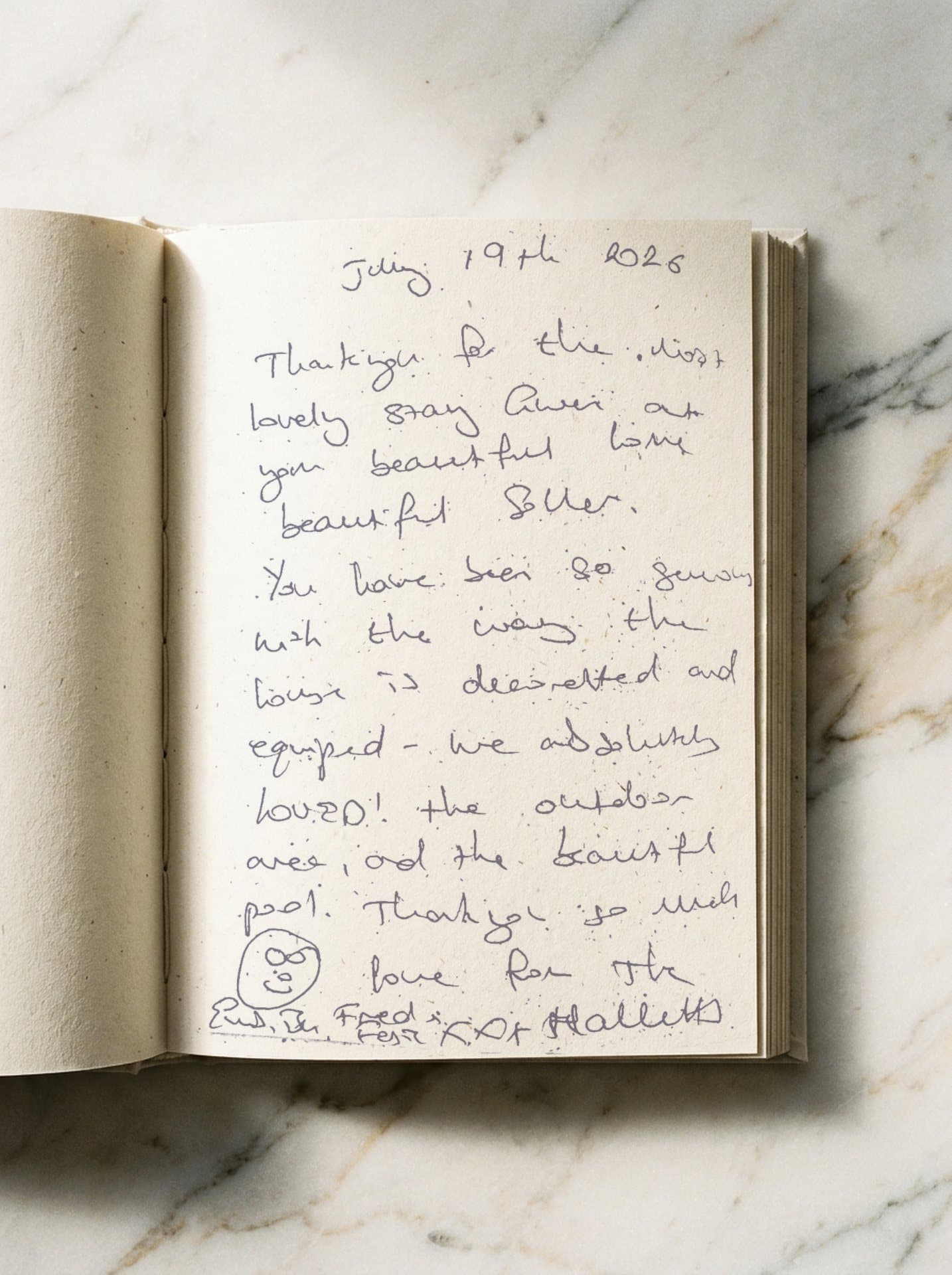 Guest book entry, July 19th 2026, signed The Hallett family