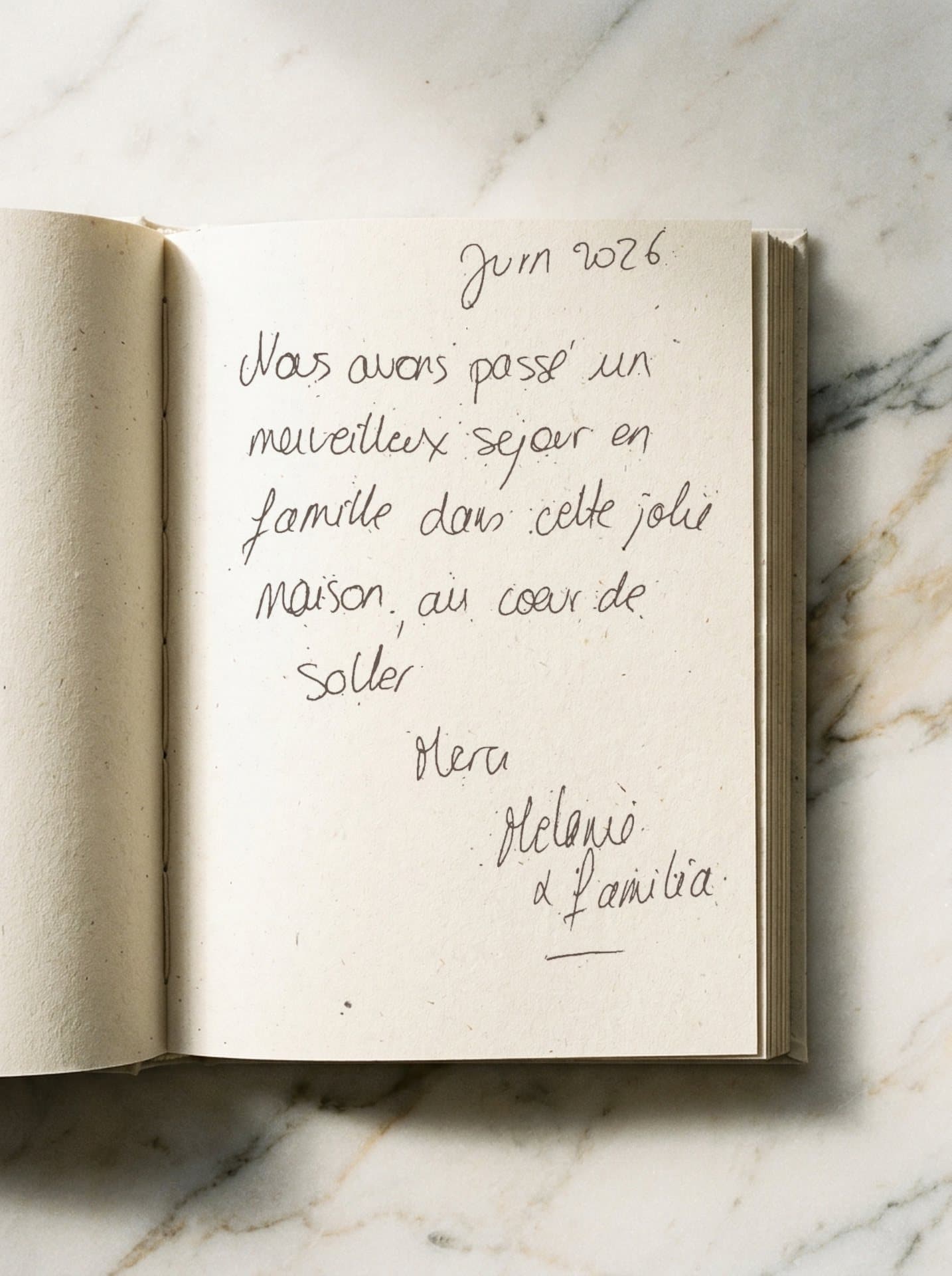 Guest book entry, Juin 2026, signed Mélanie & familia